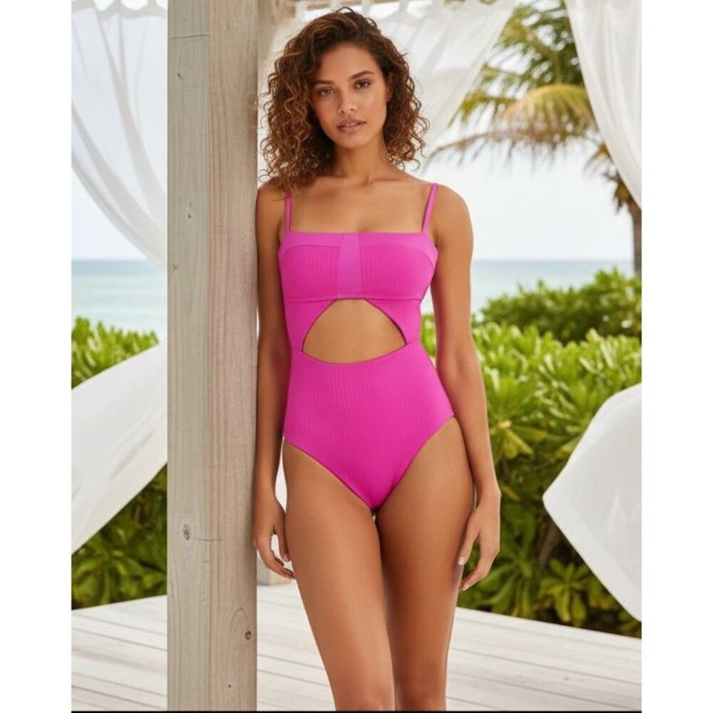 Sanctuary L Refresh Ribbed Cutout Bandeau Swimsuit One-Piece Monokini Swimwear